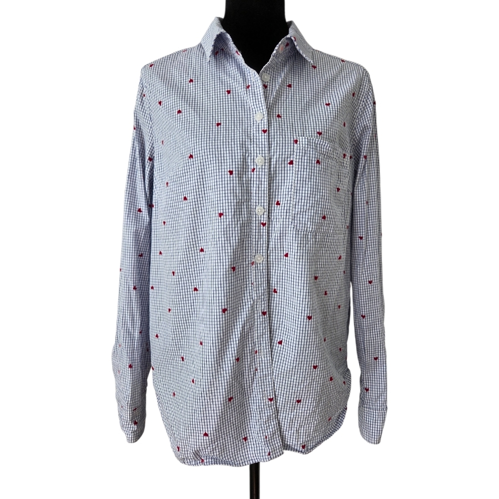 Maeve by Anthropologie Heart Print on Checkered Adga Button Up Shirt